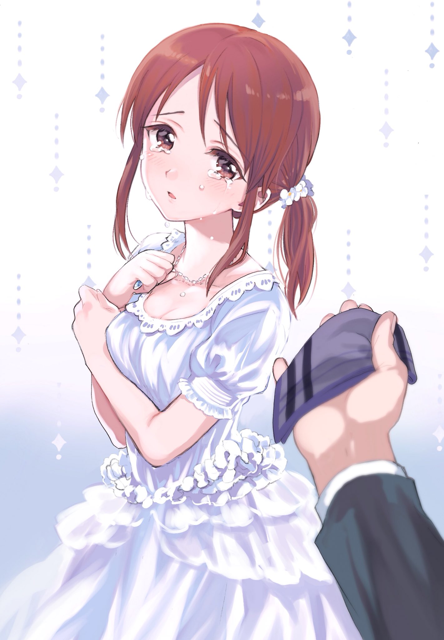 amezawa_koma blush breasts brown_eyes brown_hair cleavage commentary_request crying crying_with_eyes_open dress eyebrows_visible_through_hair hair_tie handkerchief highres holding_necklace idolmaster idolmaster_cinderella_girls jewelry long_hair looking_at_viewer medium_breasts mifune_miyu necklace out_of_frame parted_lips ponytail pov pov_hands short_sleeves solo_focus tears two-tone_background white_dress