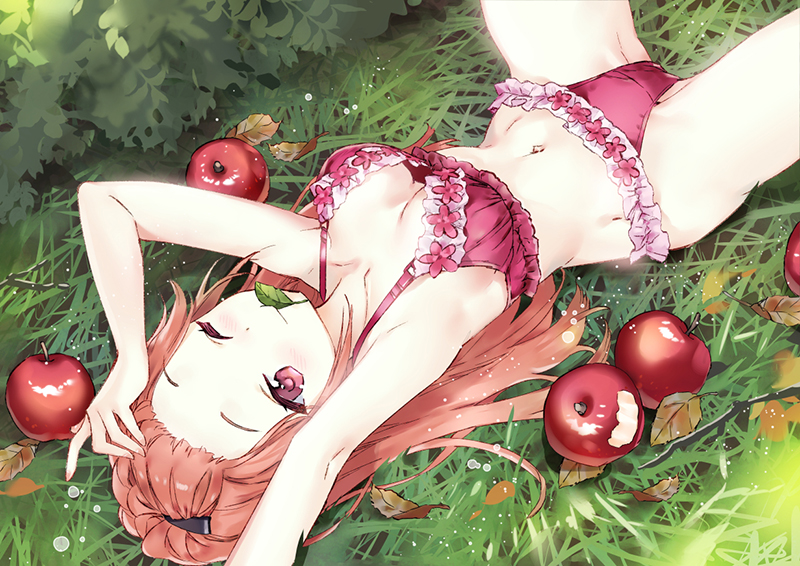 ;) apple armpits arms_up bare_arms bare_shoulders bow bow_bra bra breasts brown_hair closed_mouth collarbone commentary_request day food fruit grass leaf long_hair looking_at_viewer lying macciatto_(aciel02) mouth_hold navel on_back on_grass one_eye_closed original outdoors panties red_apple red_bra red_eyes red_panties small_breasts smile solo spread_legs underwear underwear_only very_long_hair