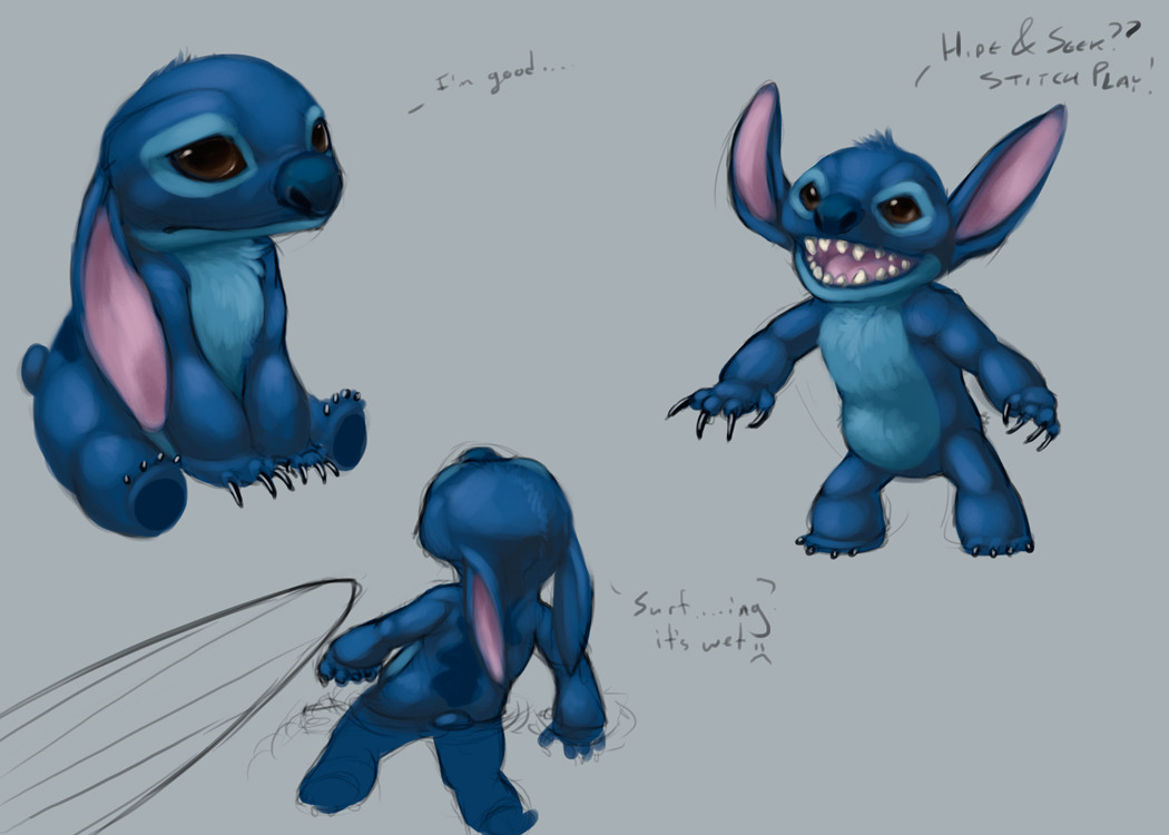 2014 4_fingers alien back_markings black_claws blue_fur blue_nose blue_pawpads brown_eyes chest_tuft claws colored_sketch dialogue disney drgn8d english_text experiment_(species) fur grey_background head_tuft lilo_and_stitch markings multiple_scenes no_sclera open_mouth open_smile partially_submerged pawpads simple_background sitting small_tail smile stitch surfboard text tuft