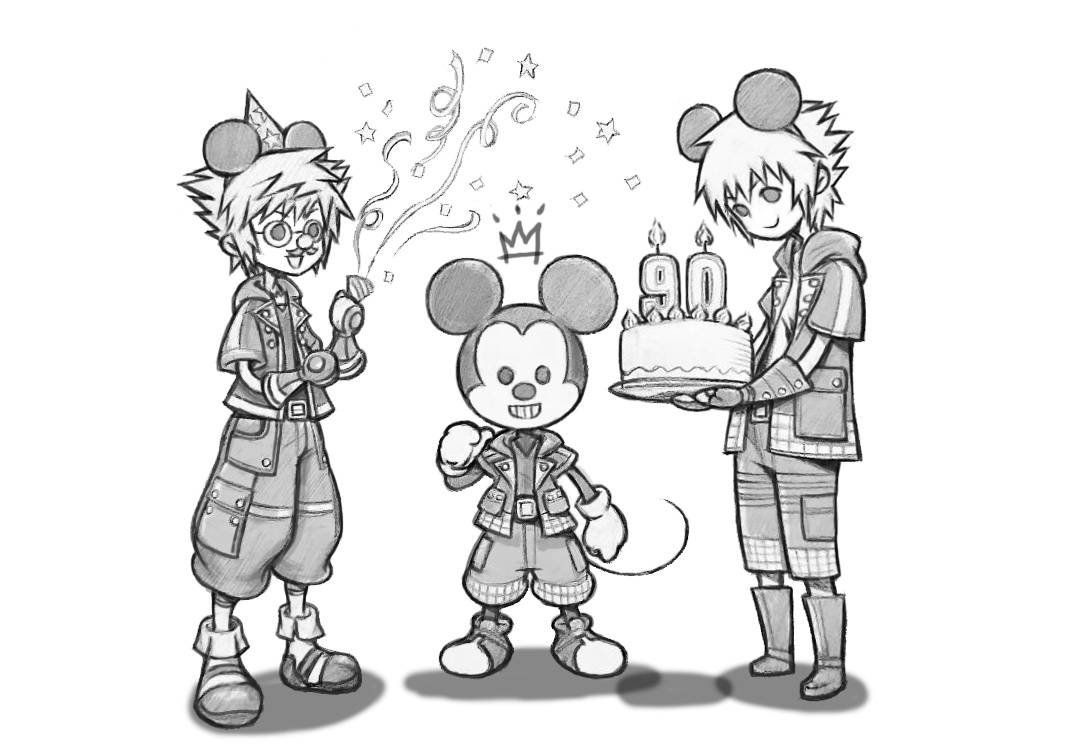 animal_ears boots cake commentary_request confetti crown food funny_glasses glasses greyscale happy_birthday hat hood hoodie kingdom_hearts kingdom_hearts_iii mickey_mouse mickey_mouse_ears mini_hat monochrome mouse_ears mouse_tail multiple_boys nomura_tetsuya open_mouth party_popper riku smile sora_(kingdom_hearts) spiked_hair standing tail wizard_hat