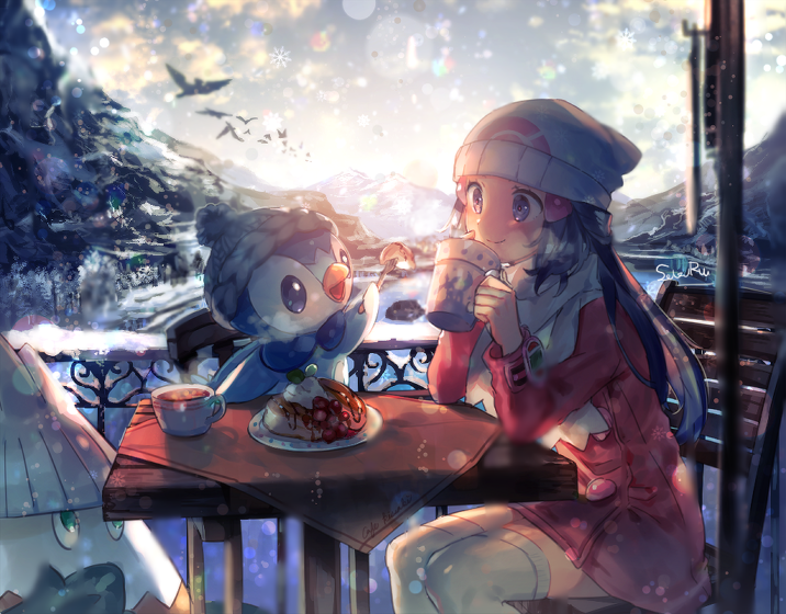 blue_eyes bonnet coat coat_dress cup day food hair_ornament hairclip hat hikari_(pokemon) holding holding_cup lens_flare naru_(andante) outdoors piplup poke_ball_print pokemon pokemon_(creature) pokemon_(game) pokemon_dppt pokemon_platinum poketch red_coat scarf sunset teacup thighhighs watch white_hat white_legwear white_scarf winter winter_clothes wristwatch
