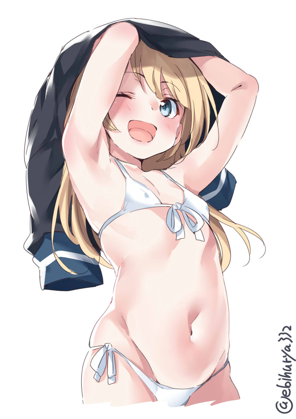 ;d alternate_costume armpits arms_up bare_shoulders bikini blonde_hair blue_eyes breasts commentary_request cowboy_shot ebifurya eyebrows_visible_through_hair front-tie_top highleg highleg_bikini highres jervis_(kantai_collection) kantai_collection long_hair looking_at_viewer navel one_eye_closed open_mouth shiny shiny_skin side-tie_bikini simple_background small_breasts smile solo standing stomach swimsuit twitter_username white_background white_bikini