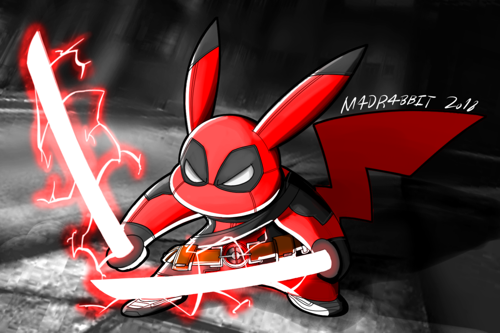 2018 actor_allusion angry belt clothed clothing crossover deadpool digital_drawing_(artwork) digital_media_(artwork) dipstick_ears dual_wielding energy footwear fully_clothed holding_object holding_weapon m4dr4bbit marvel melee_weapon nintendo pikachu pikapool pok&eacute;mon pok&eacute;mon_(species) shoes signature solo sword video_games weapon