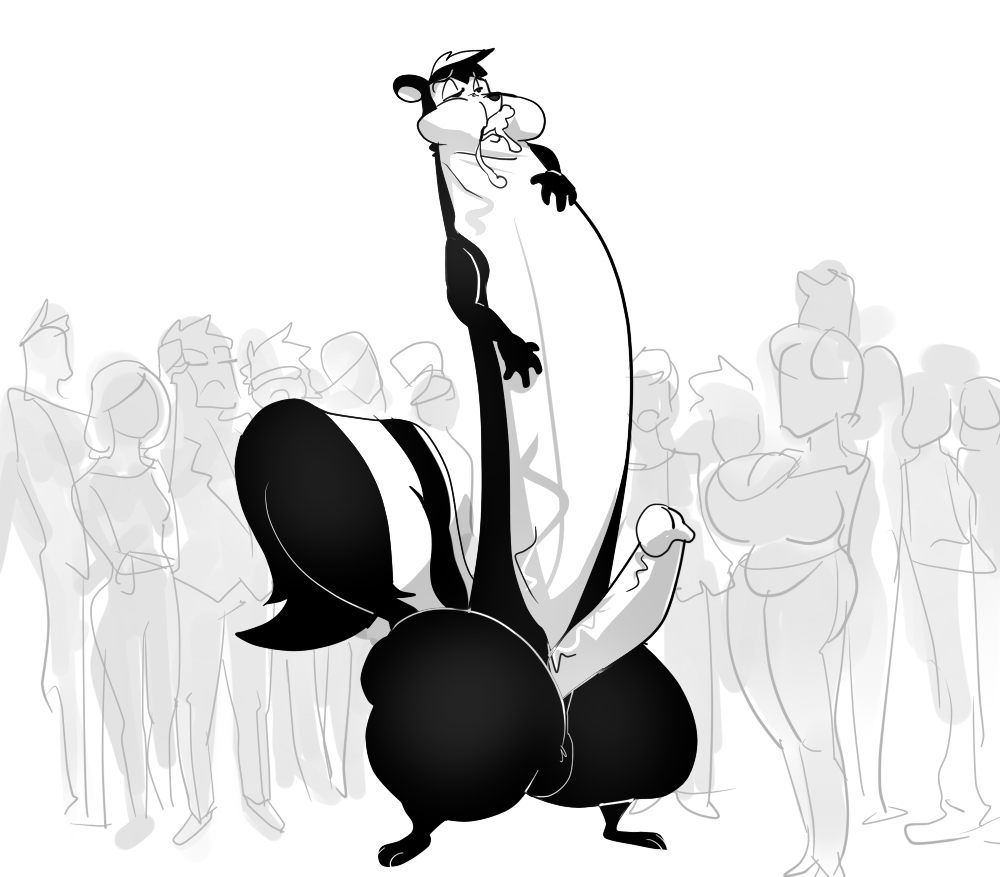 anthro art-act cock_transformation crowd group looney_tunes male mammal mephitid monochrome orgasm penis pep&eacute;_le_pew public simple_background skunk solo transformation warner_brothers what white_background why