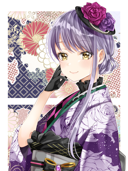 1girl bang_dream! bangs black_gloves black_hat blush commentary_request dated floral_background floral_print flower gloves hair_bun hair_up hand_on_own_face hat hat_flower ito22oji japanese_clothes kimono lavender_hair looking_at_viewer minato_yukina obi purple_flower purple_hair purple_kimono sash sidelocks smile solo upper_body yellow_eyes