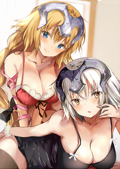 bangs bedroom black_nightgown blonde_hair blue_eyes board_game braid breasts cleavage commentary_request eyebrows_visible_through_hair fate/grand_order fate_(series) headpiece indoors jeanne_d'arc_(alter)_(fate) jeanne_d'arc_(fate) jeanne_d'arc_(fate)_(all) large_breasts multiple_girls pon_(ponidrop) red_nightgown short_hair silver_hair smile thighhighs tsurime window