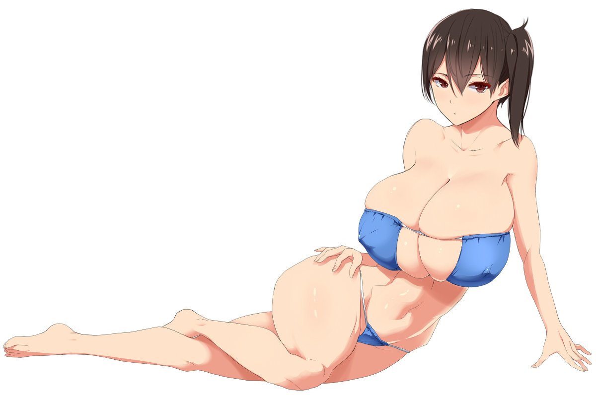 arm_support barefoot bikini black_hair blue_bikini breasts brown_eyes commentary_request covered_nipples expressionless eyebrows_visible_through_hair eyepatch_bikini full_body hand_on_hip highleg highleg_bikini huge_breasts kaga_(kantai_collection) kantai_collection kloah looking_to_the_side lying on_side side_ponytail simple_background skindentation solo swimsuit white_background