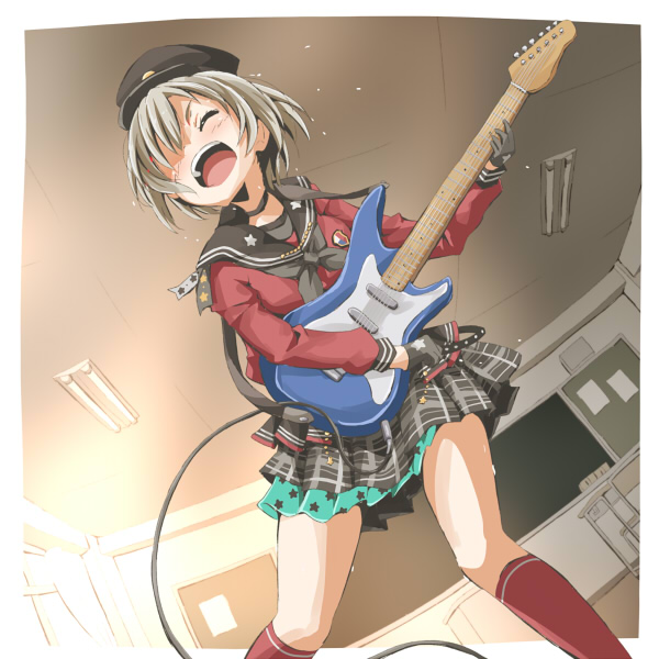 bang_dream! black_choker black_gloves black_hat black_neckwear black_sailor_collar black_skirt cable choker classroom closed_eyes electric_guitar gloves grey_hair guitar hair_over_one_eye half_gloves hat indoors instrument kneehighs long_sleeves lost_one_no_goukoku_(vocaloid) music neckerchief open_mouth plaid plaid_skirt playing_instrument pleated_skirt red_legwear red_shirt riai_(onsen) sailor_collar school school_uniform serafuku shirt short_hair skirt star star_print vocaloid