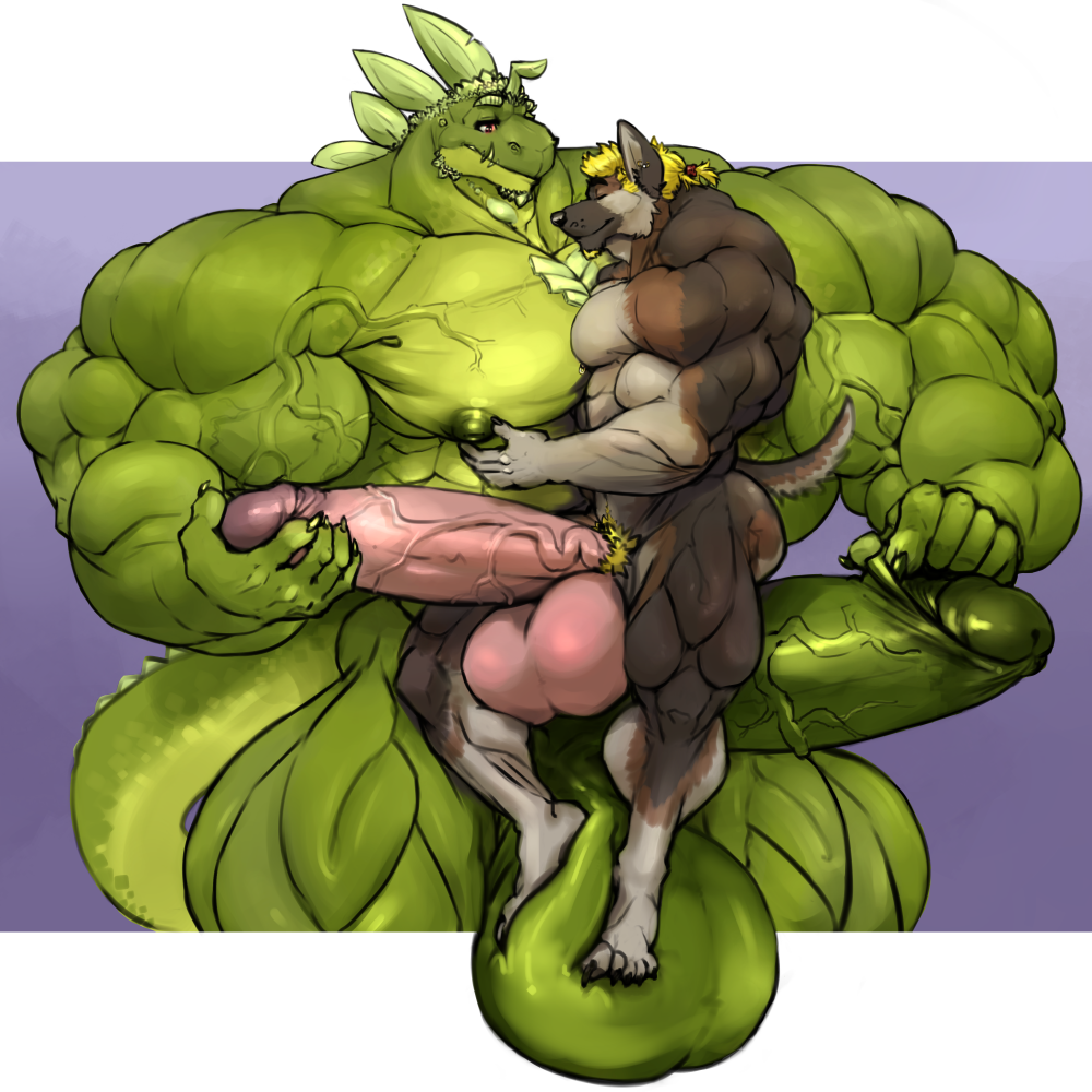 anthro balls big_balls canine duo erection foreskin_pull holding_penis huge_balls humanoid_penis hyper hyper_balls hyper_muscles hyper_penis lizard male male/male mammal muscular muscular_male nipple_pinch oldshep pecs penis pinch pubes reptile retracted_foreskin scalie size_difference smile uncut vein veiny_muscles