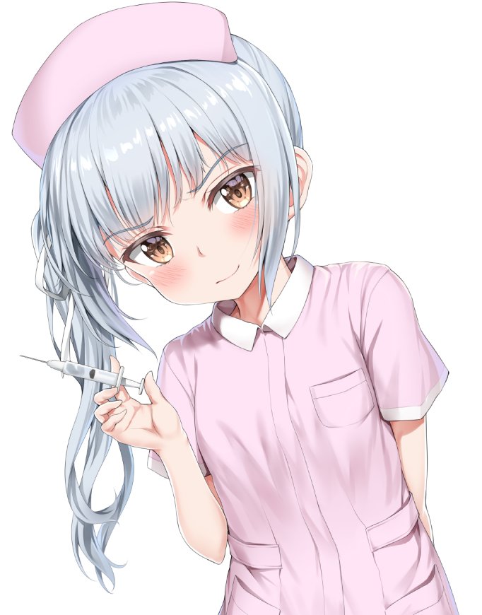 brown_eyes dress hat kantai_collection kasumi_(kantai_collection) leaning_to_the_side long_hair looking_at_viewer nedia_(nedia_region) nurse nurse_cap pink_dress short_dress side_ponytail silver_hair simple_background solo syringe upper_body white_background