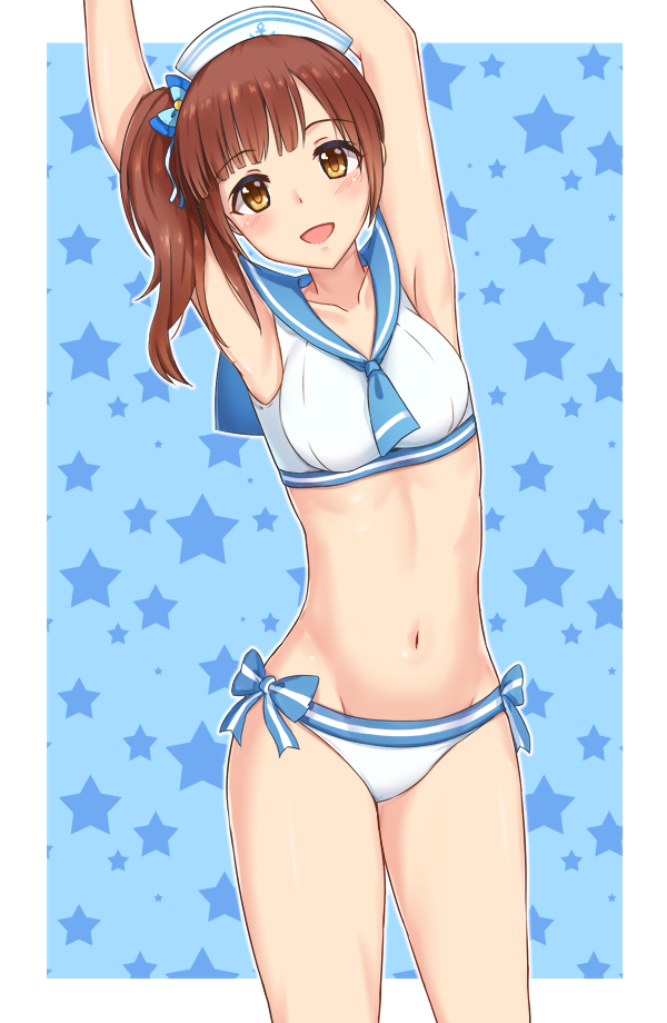 :d anchor_print armpits arms_up bangs bikini blue_background blue_bow blue_neckwear bow bow_bikini brown_eyes brown_hair commentary cowboy_shot eyebrows_visible_through_hair hair_bow hat idolmaster idolmaster_cinderella_girls igarashi_kyouko kozeni_isari leaning_to_the_side long_hair looking_at_viewer navel neckerchief one_side_up open_mouth outside_border sailor_bikini sailor_collar sailor_swimsuit_(idolmaster) smile solo standing star starry_background swimsuit thighs white_hat