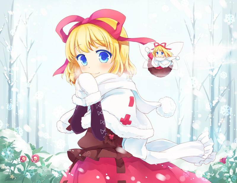 bare_tree blonde_hair blue_eyes blush bubble_skirt capelet commentary_request doll eyebrows_visible_through_hair fairy_wings flower hair_ribbon huge_bow long_sleeves medicine_melancholy mito_tsubaki mittens multiple_girls phantasmagoria_of_flower_view puffy_short_sleeves puffy_sleeves red_flower ribbon scarf short_sleeves size_difference skirt smile su-san tareme touhou tree waving wings winter winter_clothes
