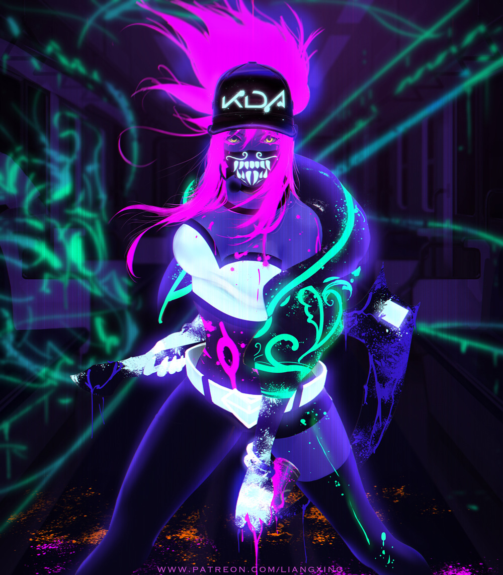akali asymmetrical_clothes asymmetrical_legwear bandeau baseball_cap bodypaint bracelet breasts choker cleavage cropped_jacket face_mask fighting_stance fingerless_gloves gloves hat jacket jewelry k/da_(league_of_legends) k/da_akali large_breasts league_of_legends liang_xing long_hair looking_at_viewer mask microphone midriff nail_polish navel necklace open_clothes open_jacket paint_on_clothes paint_splatter patreon_username ponytail purple_hair sickle single_pantsleg solo spray_can strapless train_interior ultraviolet_light watermark web_address yellow_eyes