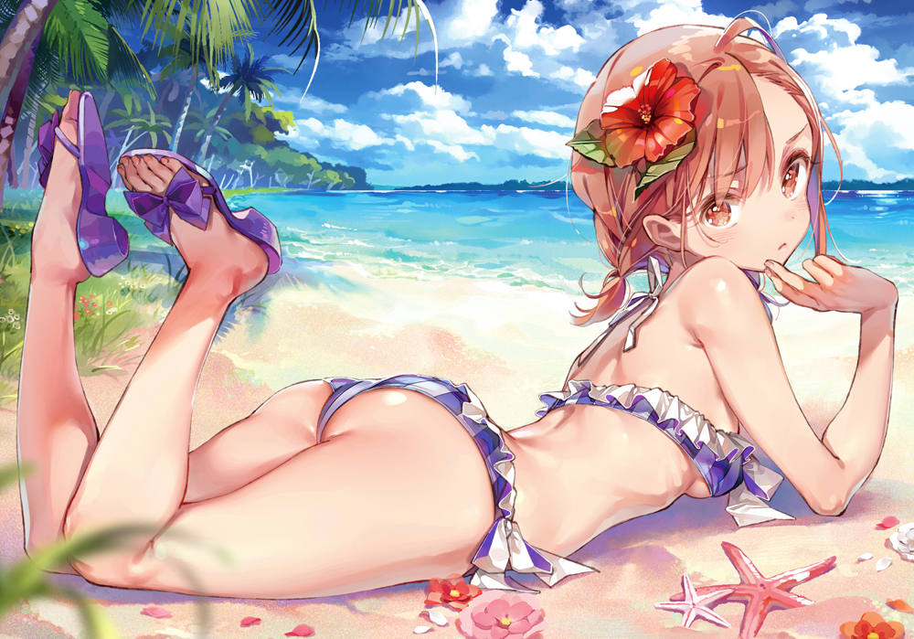 ass bangs bare_shoulders beach bikini blue_sky breasts brown_eyes brown_hair closed_mouth cloud cloudy_sky commentary day dsmile eyebrows_visible_through_hair fingernails flower frilled_bikini frills from_side full_body hair_flower hair_ornament hibiscus high_heels looking_at_viewer looking_back low_twintails lying misaka_mikoto ocean on_stomach outdoors palm_leaf palm_tree petals platform_footwear platform_heels sandals shiny shiny_hair shiny_skin short_twintails side-tie_bikini sky small_breasts solo starfish striped swimsuit the_pose to_aru_majutsu_no_index tree twintails vertical-striped_bikini vertical_stripes water