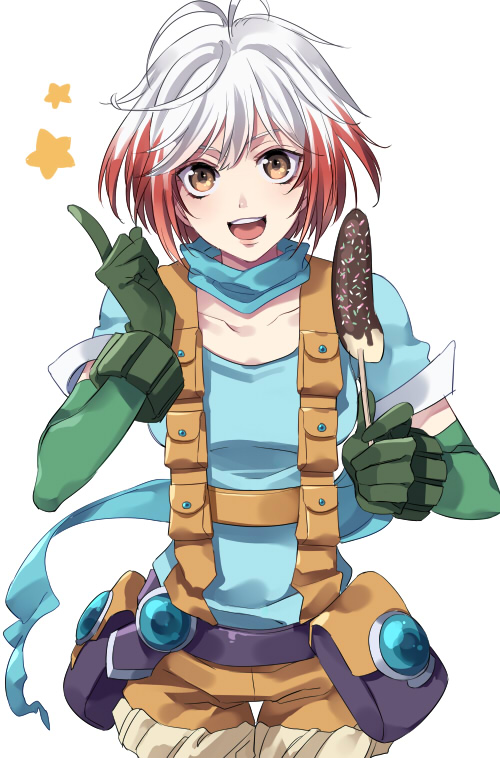 :d antenna_hair banana bangs blue_shirt chocolate_banana collarbone cowboy_shot food fruit gloves green_gloves holding index_finger_raised kirimi_maguro looking_at_viewer multicolored_hair open_mouth orange_eyes orange_shorts pascal pouch red_hair shirt short_hair short_sleeves shorts simple_background smile solo star suspender_shorts suspenders tales_of_(series) tales_of_graces teeth two-tone_hair white_background white_hair