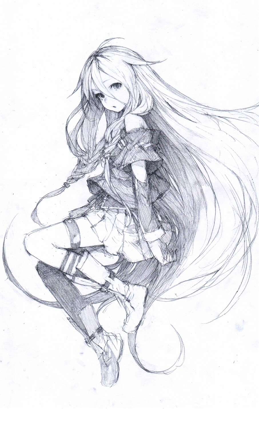 :o ahoge boots braid graphite_(medium) hair_between_eyes highres ia_(vocaloid) junwool long_bangs long_hair looking_at_viewer off_shoulder pencil pink_hair pleated_skirt single_thighhigh skirt solo thigh_strap thighhighs traditional_media very_long_hair vocaloid