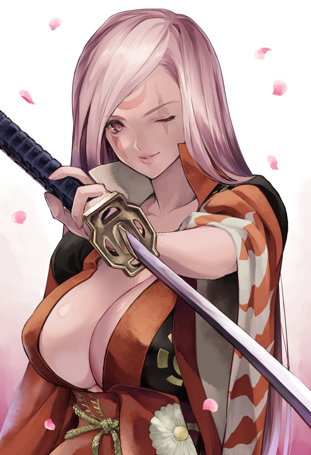 alternate_costume amputee baiken breasts cherry_blossoms cleavage commentary_request facial_tattoo facing_viewer guilty_gear guilty_gear_xrd hair_down highres holding holding_sword holding_weapon jako_(toyprn) japanese_clothes kataginu katana kimono large_breasts looking_at_viewer multicolored multicolored_clothes multicolored_kimono obi one-eyed open_clothes open_kimono parted_lips pink_eyes pink_hair samurai sash scar scar_across_eye smile sword tattoo weapon