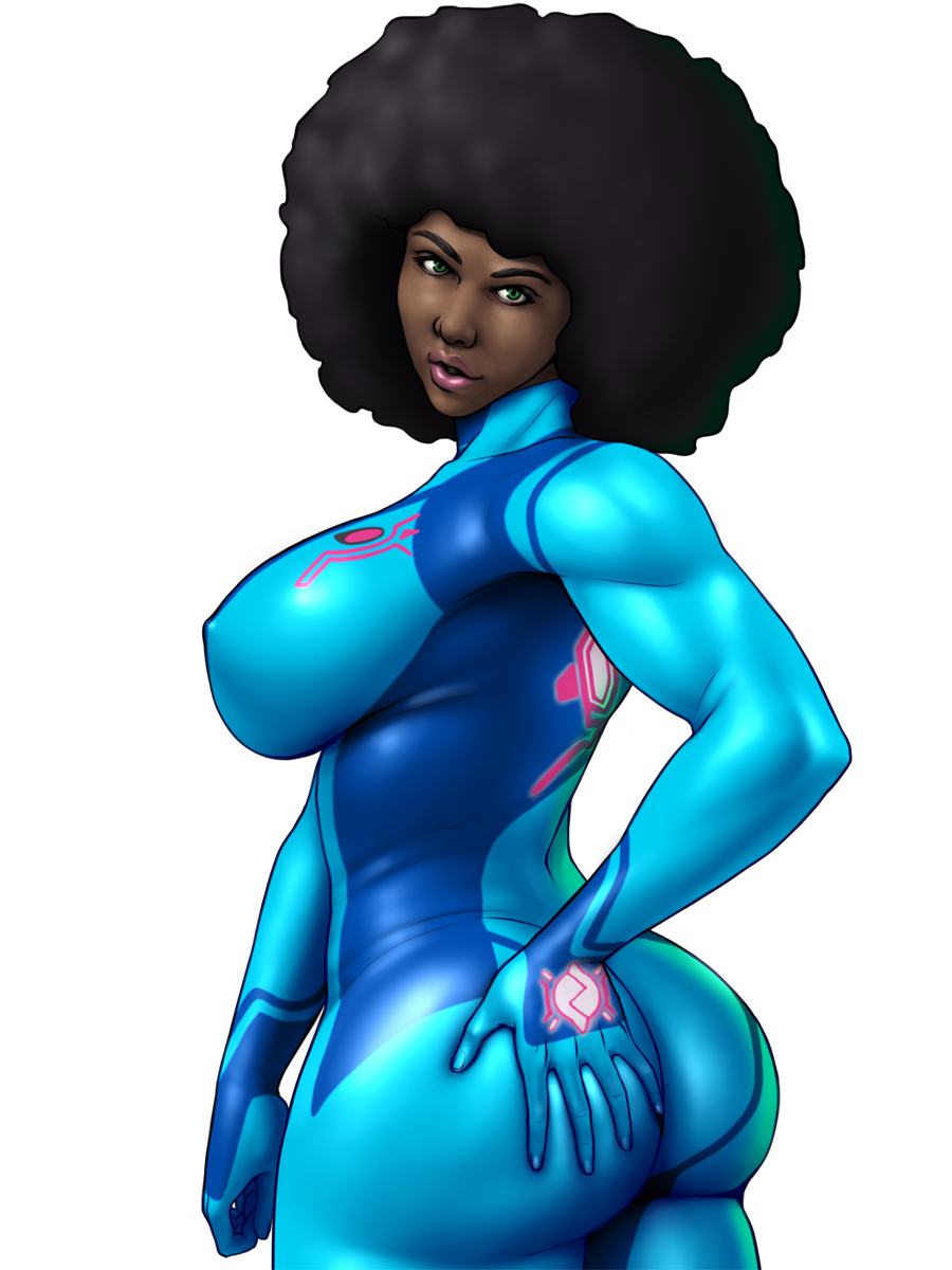 afro alternate_hair_color alternate_hairstyle alternate_skin_color ass big_hair black_hair blue_bodysuit bodysuit breasts commentary covered_nipples cowboy_shot curvy dark_skin english_commentary green_eyes hand_on_own_ass highres large_breasts lips lipstick looking_back makeup metroid nikcesco nose pink_lipstick samus_aran skin_tight solo toned transparent_background very_dark_skin zero_suit
