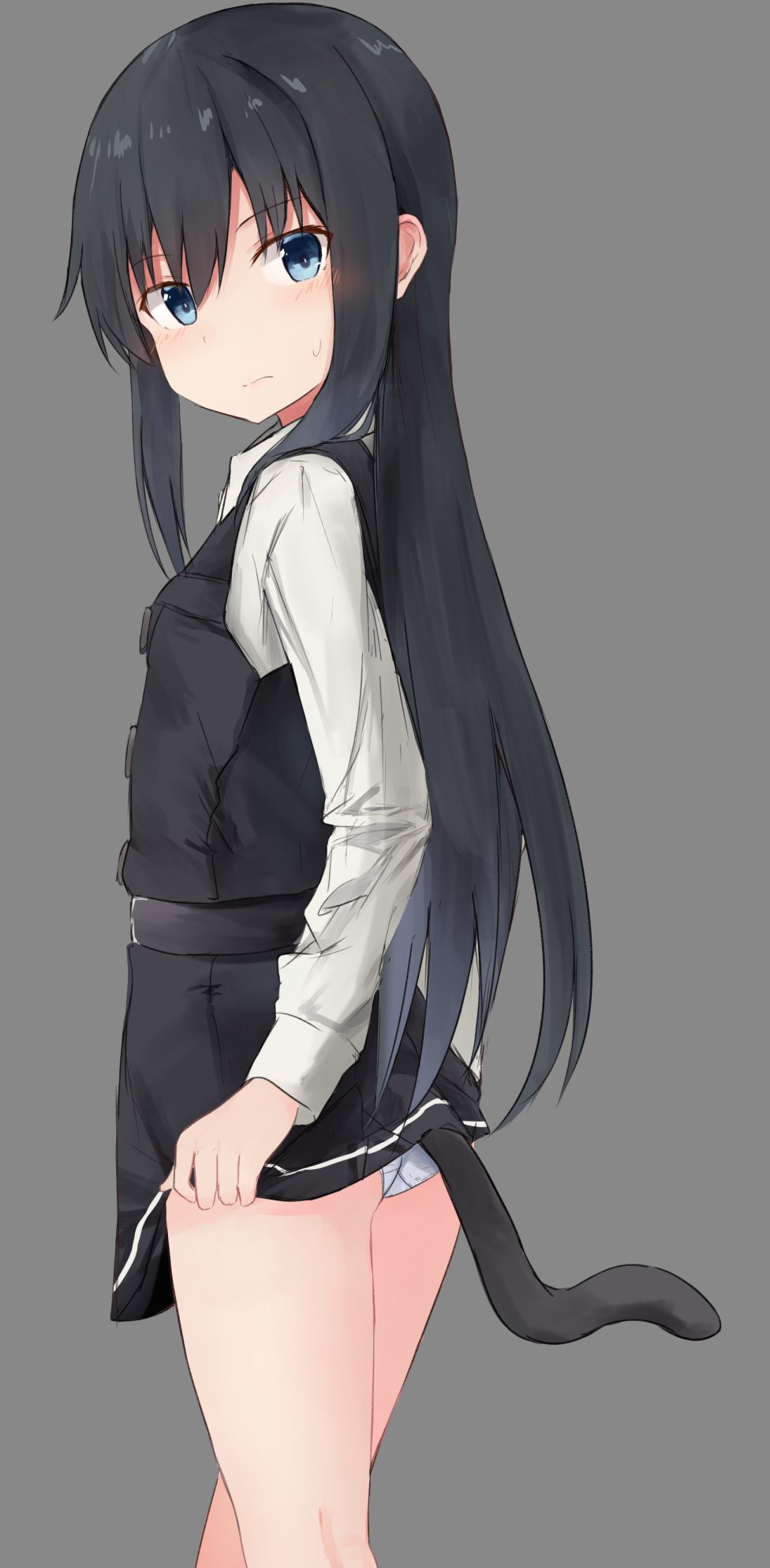 asashio_(kantai_collection) ass black_dress black_hair blush cat_tail cowboy_shot dress dress_shirt eyebrows_visible_through_hair green_eyes grey_background hair_between_eyes highres kantai_collection kemonomimi_mode long_hair long_sleeves looking_at_viewer panties pantyshot pinafore_dress remodel_(kantai_collection) school_uniform shirt simple_background solo standing tail underwear white_panties yuki_(yukin0128)