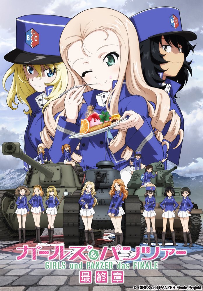 andou_(girls_und_panzer) arl-44 arm_grab arm_support arms_behind_back bangs bc_freedom_(emblem) bc_freedom_military_uniform black_eyes black_footwear black_hair black_hairband blonde_hair blue_eyes blue_hat blue_jacket blue_vest boots braid breasts brick brick_road brown_eyes cake caterpillar_tracks closed_mouth cloud commentary_request copyright_name crossed_arms dark_skin desert dress_shirt drill_hair eating emblem extra eyebrows_visible_through_hair food fork fruit ft-17 girls_und_panzer girls_und_panzer_saishuushou glasses green_eyes ground_vehicle hairband hand_on_hip hands_on_hips hat hat_removed headwear_removed high_collar holding holding_fork holding_plate jacket knee_boots leaning_forward long_hair long_sleeves looking_at_viewer marie_(girls_und_panzer) medium_hair messy_hair military military_hat military_uniform military_vehicle miniskirt motor_vehicle multiple_girls official_art one_eye_closed open_mouth orange orange_hair orange_slice oshida_(girls_und_panzer) plate pleated_skirt poster s35 shako_cap shirt short_hair sitting skirt smile standing tank twin_drills twintails uniform v_arms vest white_shirt white_skirt