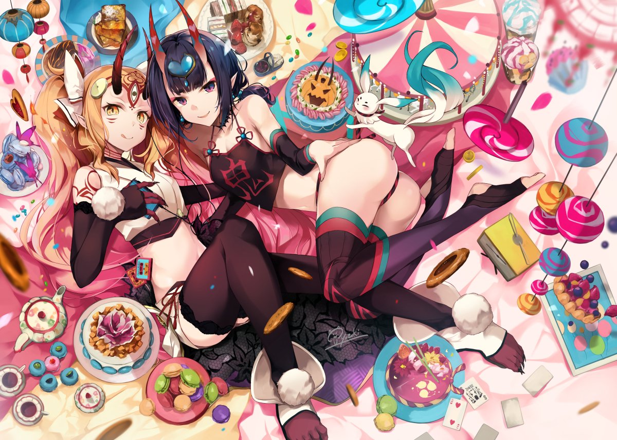 :q animal ass bangs bare_shoulders blonde_hair blush body_markings breasts cake candy commentary crop_top cup detached_sleeves earrings elbow_gloves eyebrows_visible_through_hair facial_mark fate/grand_order fate_(series) food gloves hirai_yuzuki horns ibaraki_douji_(fate/grand_order) ibaraki_douji_(swimsuit_lancer)_(fate) jewelry knee_up lollipop long_hair looking_at_viewer lying makeup multiple_girls navel on_back oni oni_horns open_mouth panties parted_lips pointy_ears purple_eyes purple_hair saucer short_hair shorts shuten_douji_(fate/grand_order) shuten_douji_(halloween)_(fate) sidelocks signature singlet small_breasts smile tattoo toeless_legwear tongue tongue_out underwear yellow_eyes