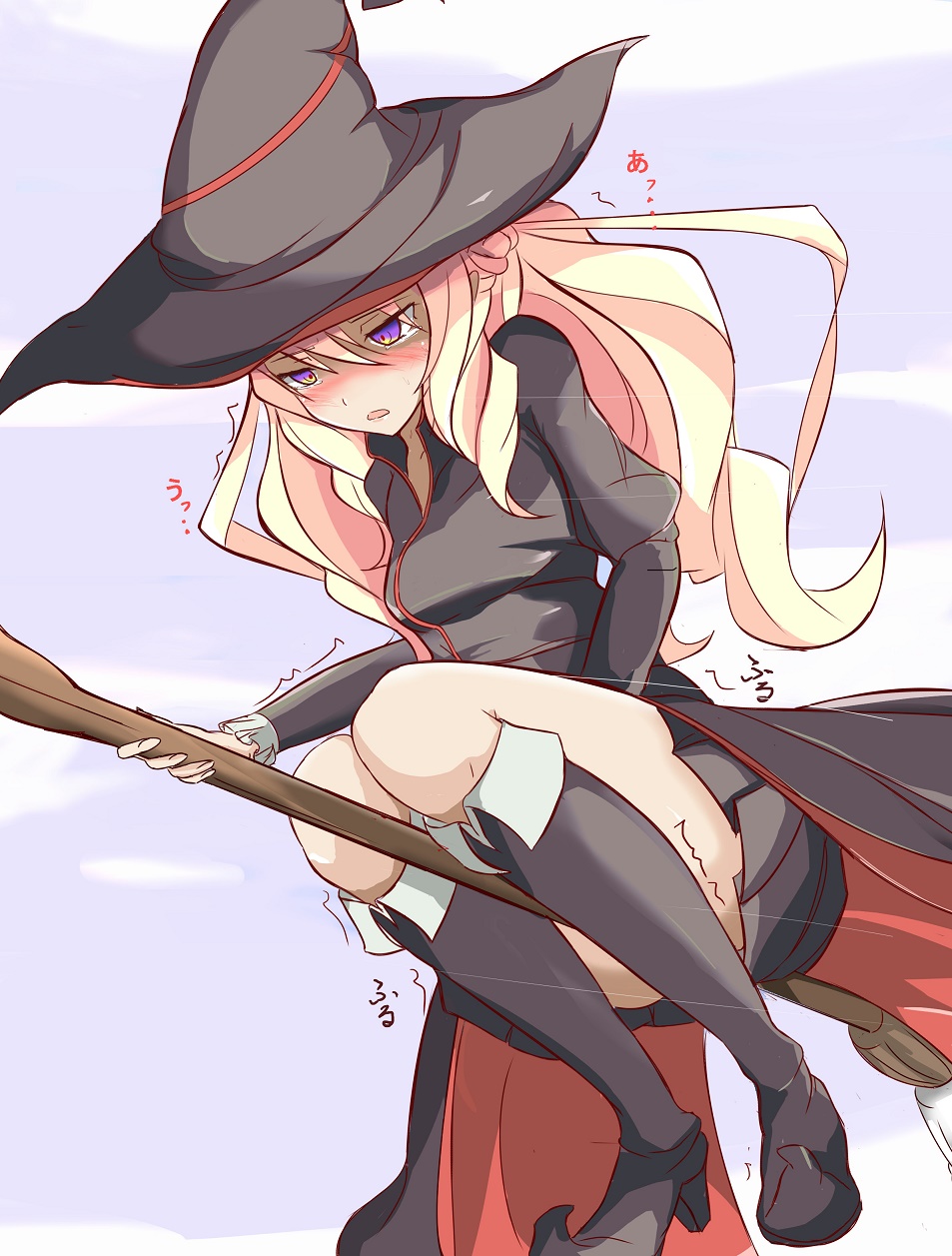 1girl agnes_(gegege_no_kitarou_6) bangs black_footwear black_hat black_shirt black_skirt blonde_hair blue_sky blush boots breasts broom broom_riding broomstick cloud day eyebrows_visible_through_hair female flying full_body gegege_no_kitarou hair_between_eyes half-closed_eyes hat have_to_pee highres japanese_text knee_boots long_hair long_sleeves miniskirt muroi_(fujisan0410) nose_blush open_mouth outdoors pleated_skirt pointy_shoes purple_eyes shirt shoes skirt sky small_breasts solo sweat tears translation_request trembling waist_cape witch witch_hat