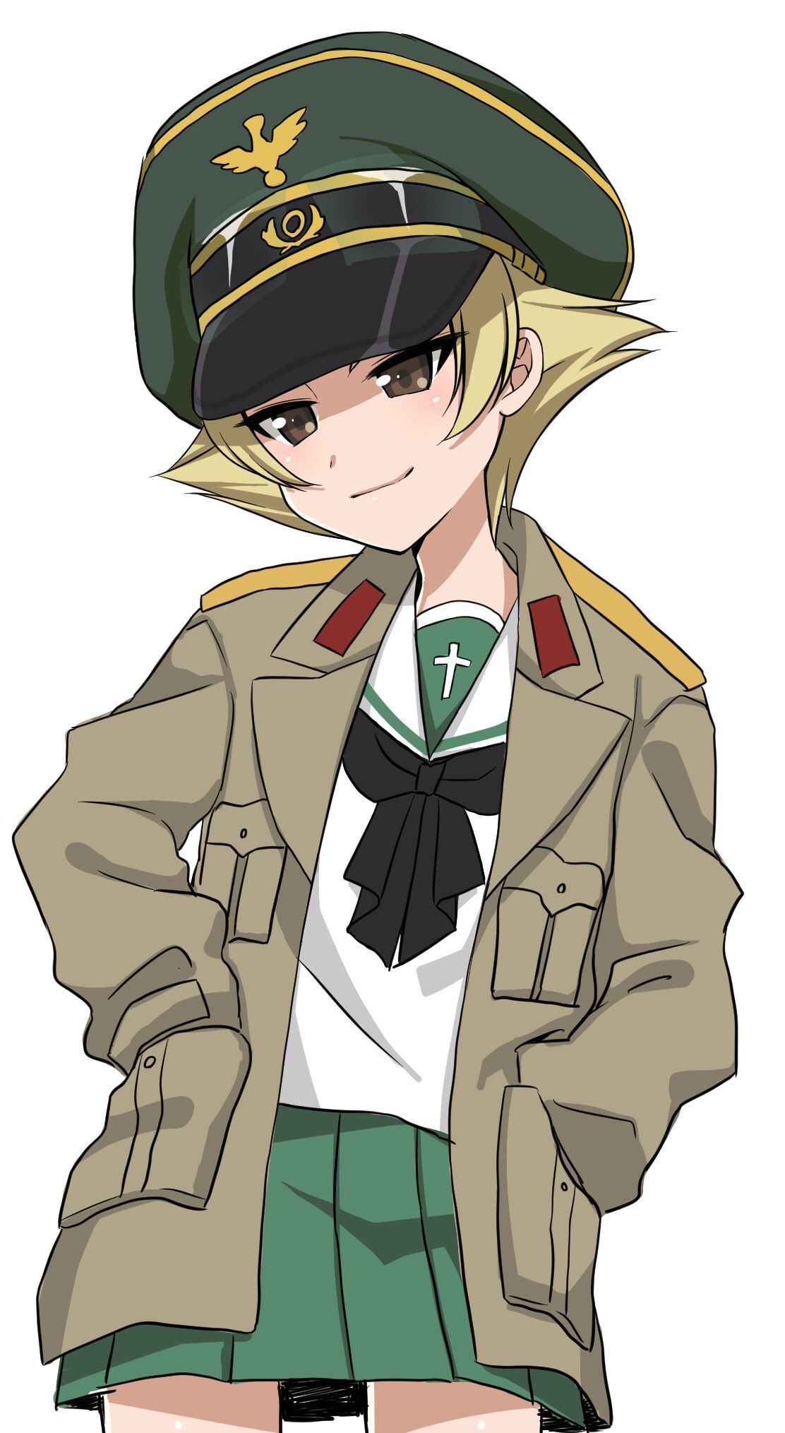 black_bow blonde_hair bow brown_eyes brown_jacket closed_mouth commentary cowboy_shot erwin_(girls_und_panzer) girls_und_panzer goggles goggles_on_headwear green_hat hands_in_pockets hat head_tilt highres jacket long_hair long_sleeves looking_at_viewer military_hat military_jacket ooarai_school_uniform open_clothes open_jacket peaked_cap pointy_hair ruruepa short_hair simple_background smile solo standing white_background
