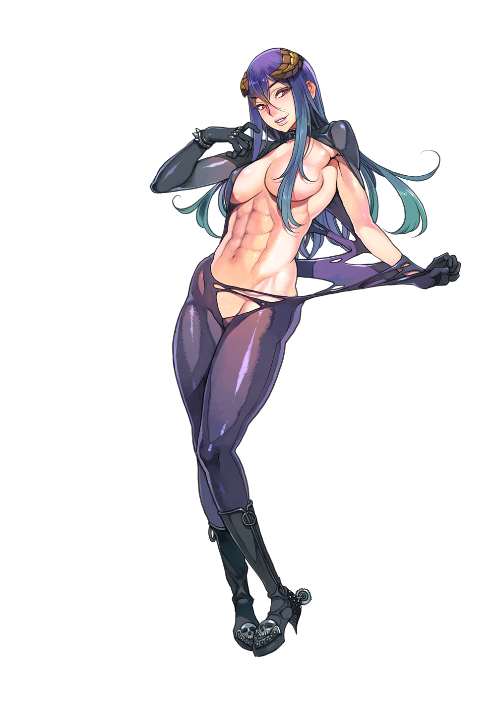 abs bodysuit boots breasts f.s. full_body gradient_hair hair_over_breasts large_breasts long_hair multicolored_hair parted_lips purple_hair red_eyes skin_tight smile solo toned torn_clothes