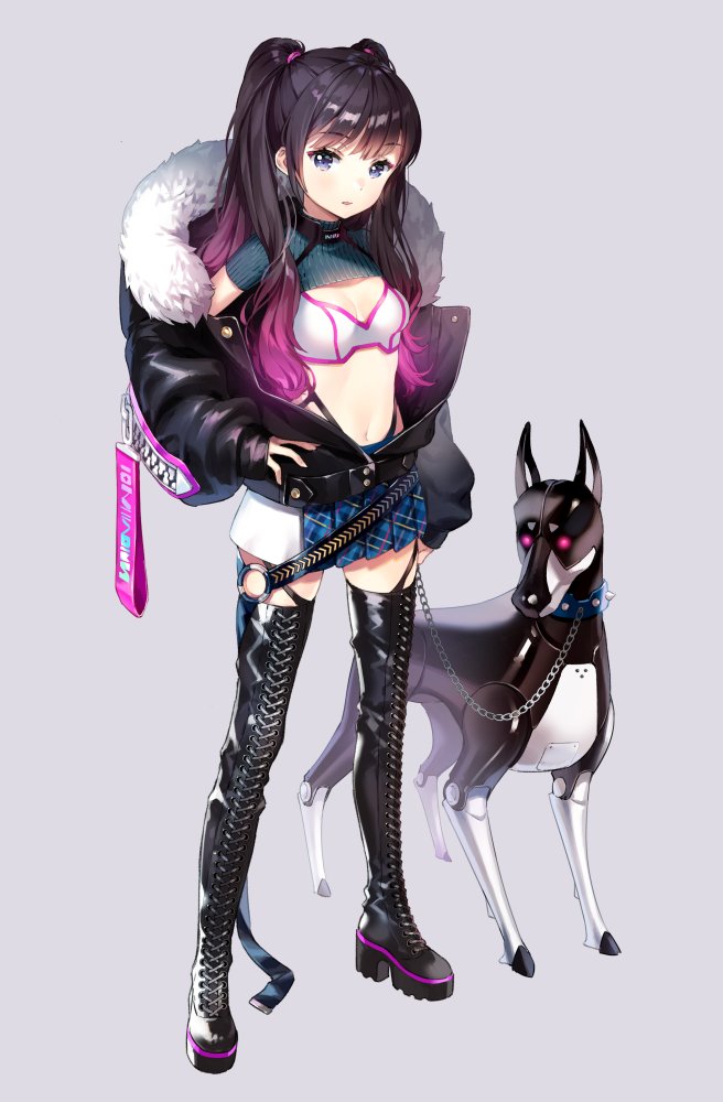 ancotaku astro_and_girls black_footwear black_hair black_panties blue_eyes boots breasts chain cleavage dog eyebrows_visible_through_hair full_body fur_trim gradient_hair grey_background hair_ornament highleg highleg_panties long_hair looking_at_viewer midriff miniskirt multicolored_hair navel panties parted_lips pleated_skirt purple_hair shiny shiny_hair simple_background skirt small_breasts solo standing stomach thigh_boots thighhighs twintails two-tone_hair underwear