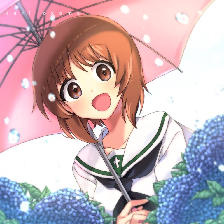 :d bangs black_neckwear blouse blurry blurry_foreground brown_eyes brown_hair commentary depth_of_field dutch_angle eyebrows_visible_through_hair flower girls_und_panzer holding holding_umbrella hydrangea kari_okome long_sleeves looking_at_viewer neckerchief nishizumi_miho ooarai_school_uniform open_mouth pink_umbrella rain school_uniform serafuku short_hair smile solo standing twitter_username umbrella upper_body white_background white_blouse