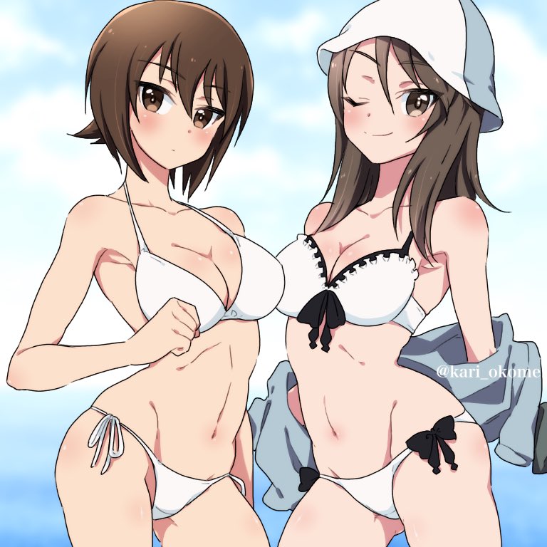 bangs bikini blue_hat blue_jacket blue_sky bow_bikini breasts brown_eyes brown_hair cleavage closed_mouth cloud cloudy_sky collarbone commentary cowboy_shot crotch_seam day eyebrows_visible_through_hair girls_und_panzer groin hat jacket kari_okome keizoku_military_uniform light_blush light_frown long_hair looking_at_viewer medium_breasts mika_(girls_und_panzer) military military_uniform multiple_girls navel nishizumi_maho off_shoulder one_eye_closed outdoors ribs short_hair side-tie_bikini sky smile standing swimsuit thighs track_jacket twitter_username undressing uniform white_bikini