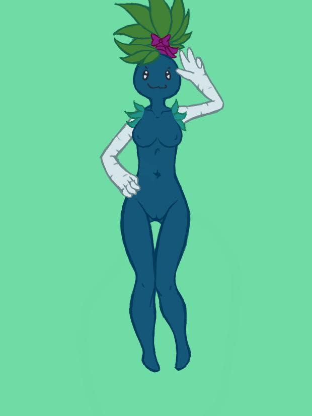:3 anthro anthrofied armless barefoot breasts female flora_fauna green_background i-am-that-japanesse nintendo nude oddish plant plant_hair pok&eacute;mon pok&eacute;mon_(species) ponytail pussy simple_background solo video_games