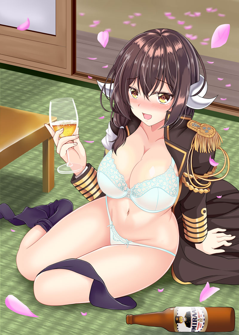 :d aiguillette alcohol aqua_bra aqua_panties arm_support azur_lane bangs beer_bottle black_coat black_hair black_legwear blush bow bow_panties bra breasts brown_eyes champagne cleavage coat commentary_request cup drinking_glass drunk epaulettes eyebrows_visible_through_hair hair_over_shoulder hair_tie holding holding_cup horns insignia kneehighs kneehighs_pull large_breasts long_hair long_sleeves looking_at_viewer mikasa_(azur_lane) military military_uniform navel no_pants no_shirt open_clothes open_coat open_mouth ougi_(ihayasaka) panties partial_commentary petals sitting sliding_doors smile solo table tatami thighs underwear uniform wine_glass wooden_floor yokozuwari