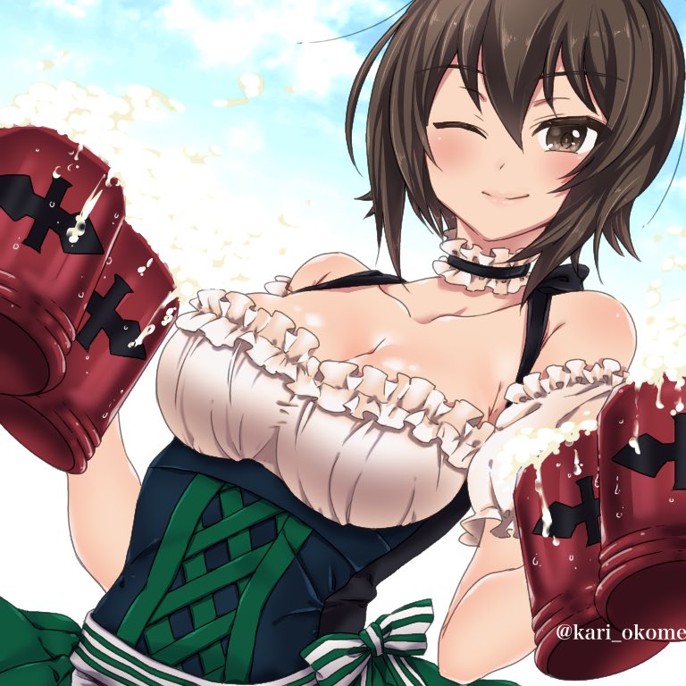 alcohol bangs beer beer_mug black_choker blue_sky breasts brown_eyes brown_hair choker cleavage closed_mouth cloud cloudy_sky commentary day dirndl dress dutch_angle emblem eyebrows_visible_through_hair frilled_choker frills froth german_clothes girls_und_panzer green_dress holding kari_okome looking_at_viewer medium_breasts nishizumi_maho one_eye_closed outdoors short_hair sky smile solo standing upper_body