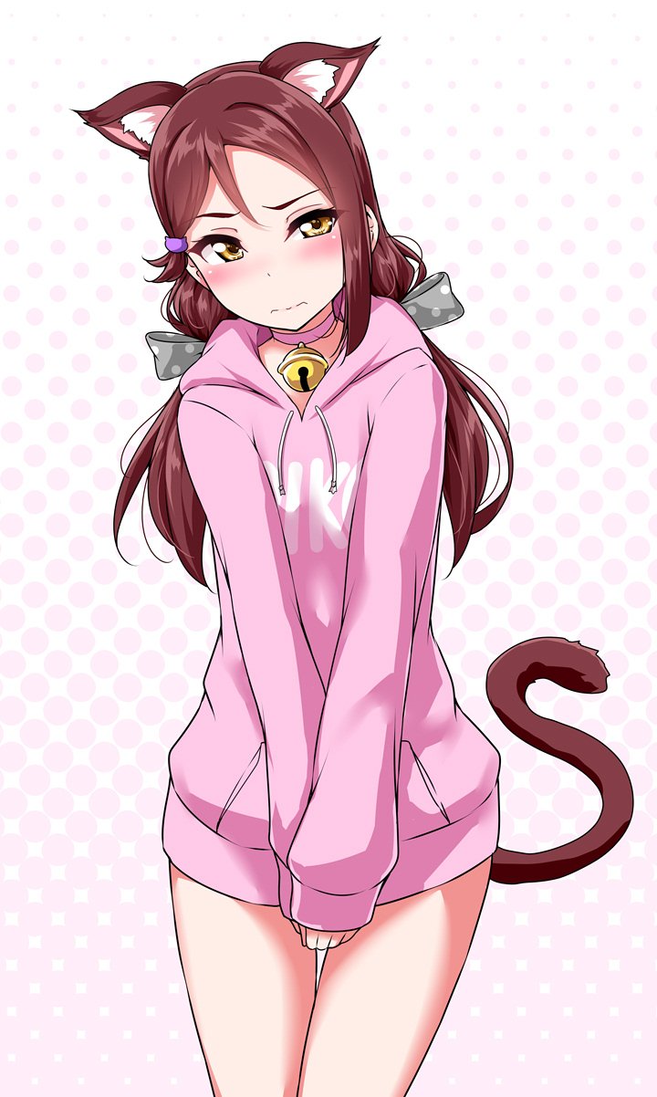 animal_ears bangs bare_legs bell bell_collar blush bow cat_ears cat_tail character_name collar embarrassed hair_between_eyes hair_bow highres love_live! love_live!_sunshine!! pink_sweater polka_dot polka_dot_background polka_dot_bow red_hair sakurauchi_riko solo sweater tail twintails yellow_eyes yopparai_oni