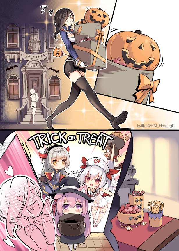 animal_ears ark_royal_(azur_lane) azur_lane bat blush box comic dress ear_down eyebrows_visible_through_hair flying_sweatdrops gift hair_over_one_eye halloween halloween_costume hat heart horns kisaragi_(azur_lane) long_hair multiple_girls mutsuki_(azur_lane) mutsuki_face nurse nurse_cap open_mouth phandit_thirathon pink_hair pumpkin purple_eyes red_eyes ribbon silver_hair skirt sweat thighhighs trembling trick_or_treat trick_or_treatment twintails vampire_(azur_lane) yuri z46_(azur_lane)