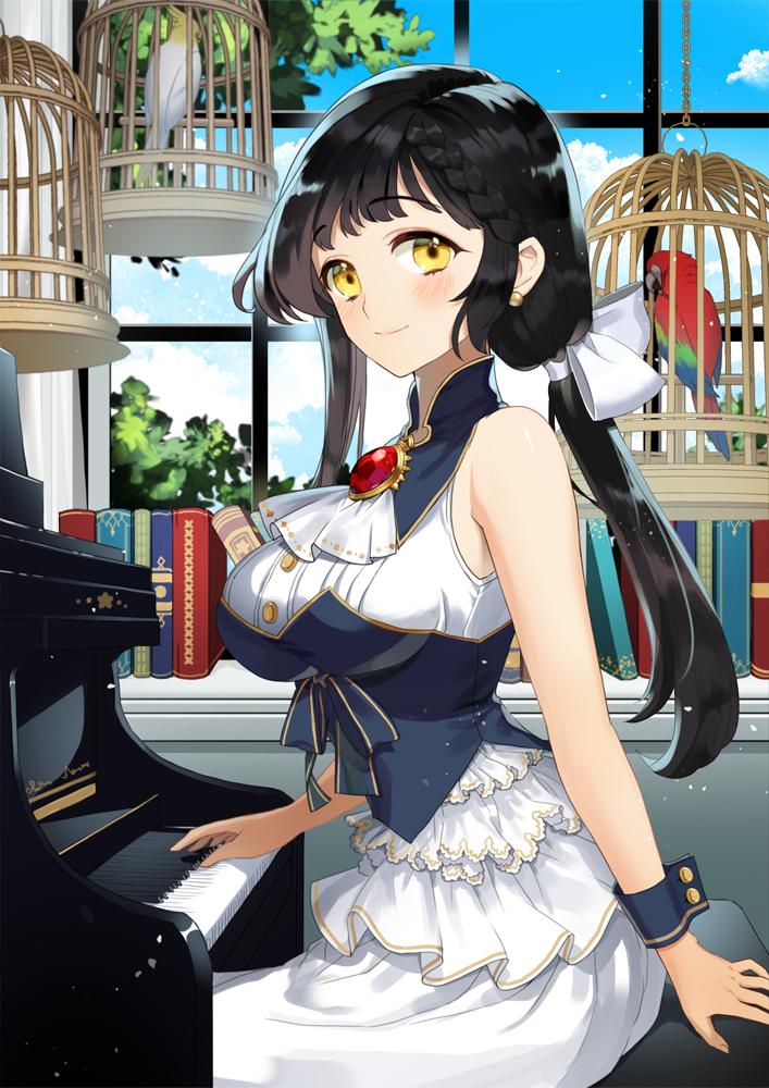 bird birdcage black_hair blue_sky blush book breasts brooch cage cockatiel day dress instrument jewelry long_hair looking_at_viewer medium_breasts official_art parrot piano piano_bench pin1004 sid_story sitting sky smile solo white_dress white_neckwear window wrist_cuffs yellow_eyes