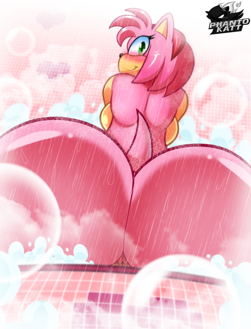 amy_rose anthro anus back_boob big_butt blush breasts bubble butt butt_focus eyelashes female green_eyes hairband hedgehog huge_butt looking_back mammal phanto-katt rear_view shower sitting smile solo sonic_(series) steam tiled_wall wet