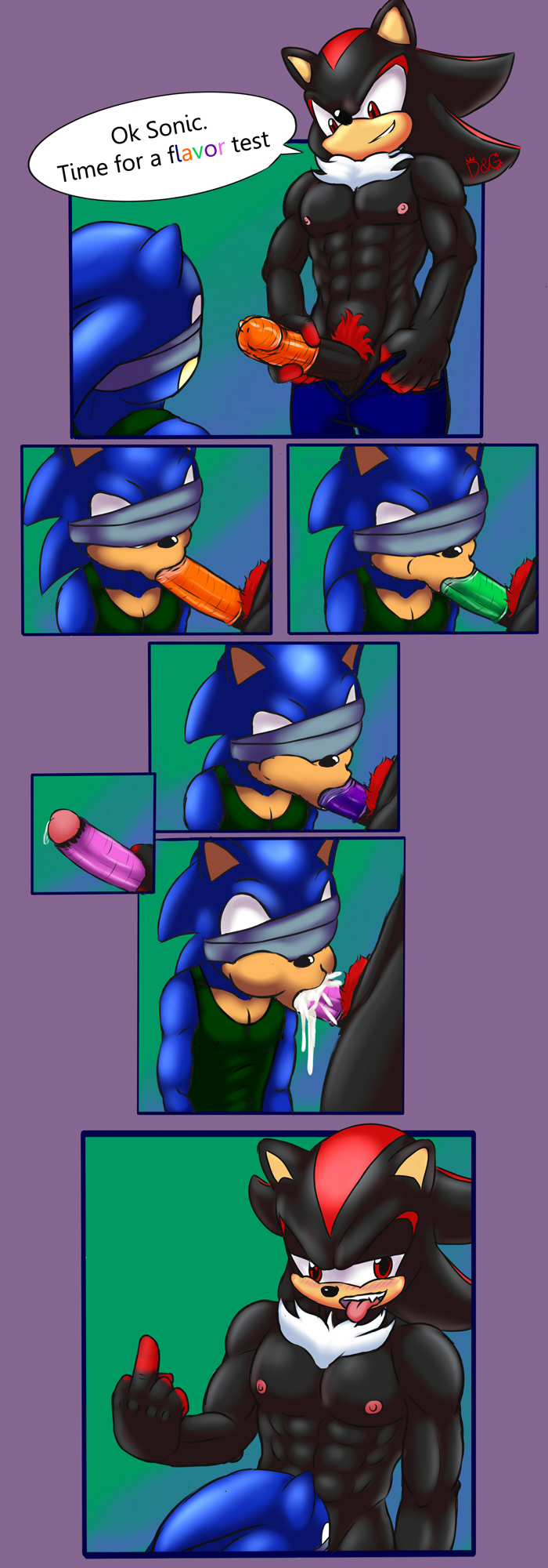 abs anthro anthro_on_anthro athletic biceps black_fur blindfold blue_fur chest_tuft clothing comic condom cub dgemporium duo fellatio fur hedgehog looking_pleasured male male/male mammal muscular muscular_male nipples oral pecs penetration penis red_eyes sex shadow_the_hedgehog shirt sonic_(series) sonic_the_hedgehog t-shirt tuft uncut video_games wearing_condom young