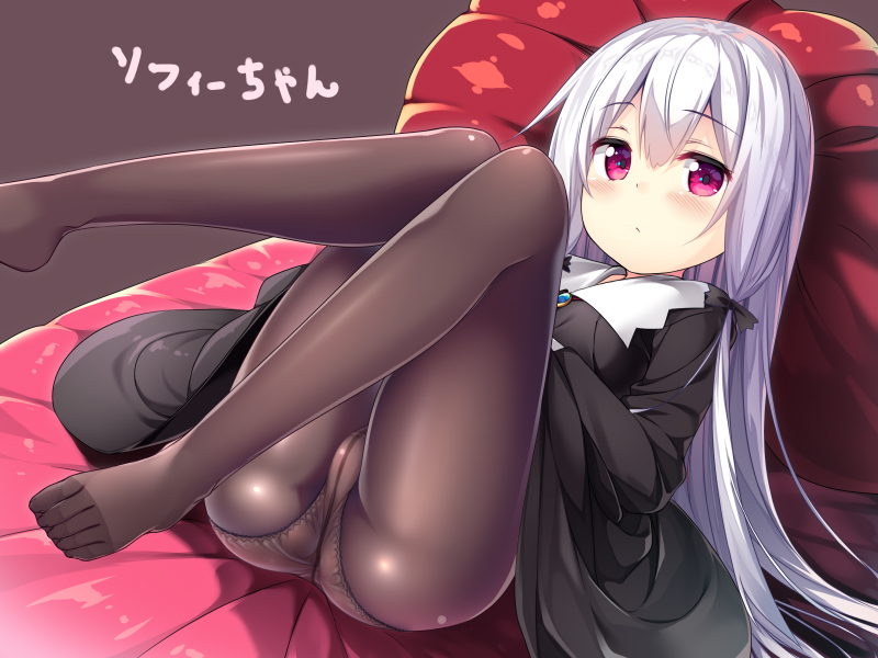 ass bangs black_dress blush brown_background brown_legwear closed_mouth commentary_request dress eyebrows_visible_through_hair hair_between_eyes legs_up long_hair looking_at_viewer lying no_shoes on_back panties panties_under_pantyhose pantyhose purple_eyes silver_hair solo sophie_twilight tonari_no_kyuuketsuki-san translation_request underwear usume_shirou very_long_hair