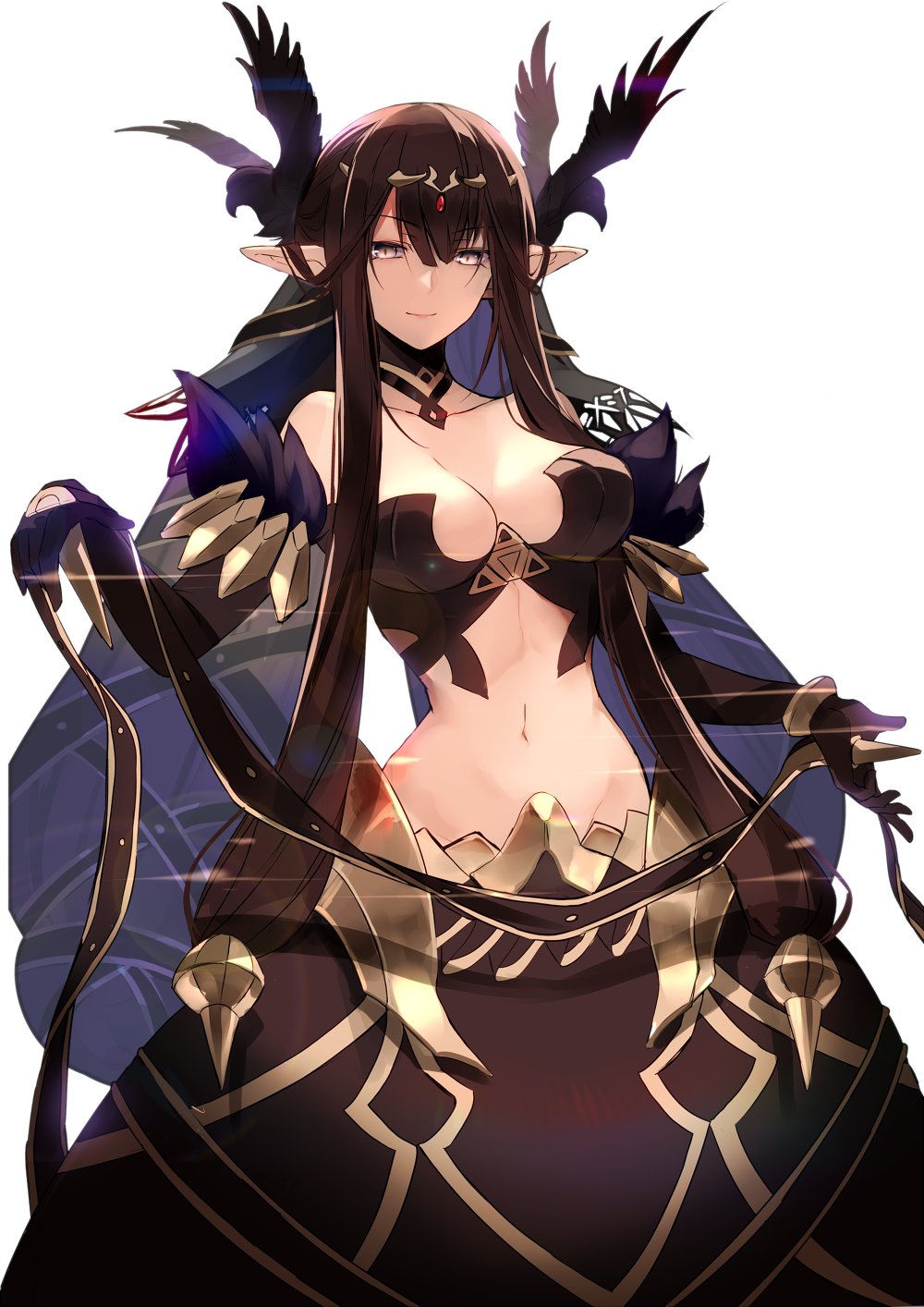 1girl absurdly_long_hair alternate_costume bangs bird black_dress black_hair breasts bridal_gauntlets brown_hair cape cleavage closed_mouth crow detached_collar detached_sleeves dress elbow_gloves fate/grand_order fate_(series) fur_trim gloves hair_between_eyes hair_ornament highres karlwolf large_breasts long_dress long_hair looking_at_viewer midriff navel pointy_ears semiramis_(fate) slit_pupils smile spikes standing stomach very_long_hair yellow_eyes