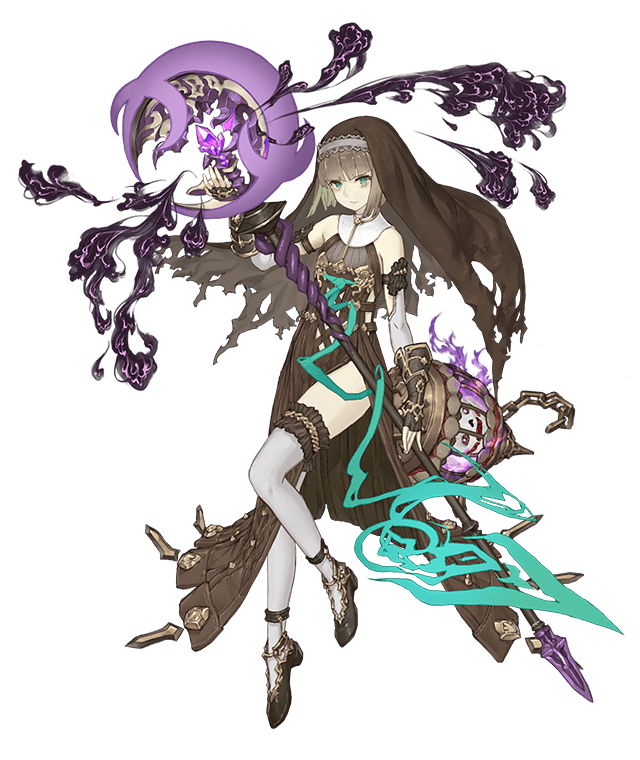 aqua_eyes bags_under_eyes bare_shoulders brown_hair cage chain crystal elbow_gloves eyebrows_visible_through_hair fingerless_gloves flat_chest frills full_body gauntlets gloves gold_trim gretel_(sinoalice) habit hansel_(sinoalice) holding holding_staff ji_no nun official_art short_hair sinoalice solo staff thighhighs torn_clothes transparent_background