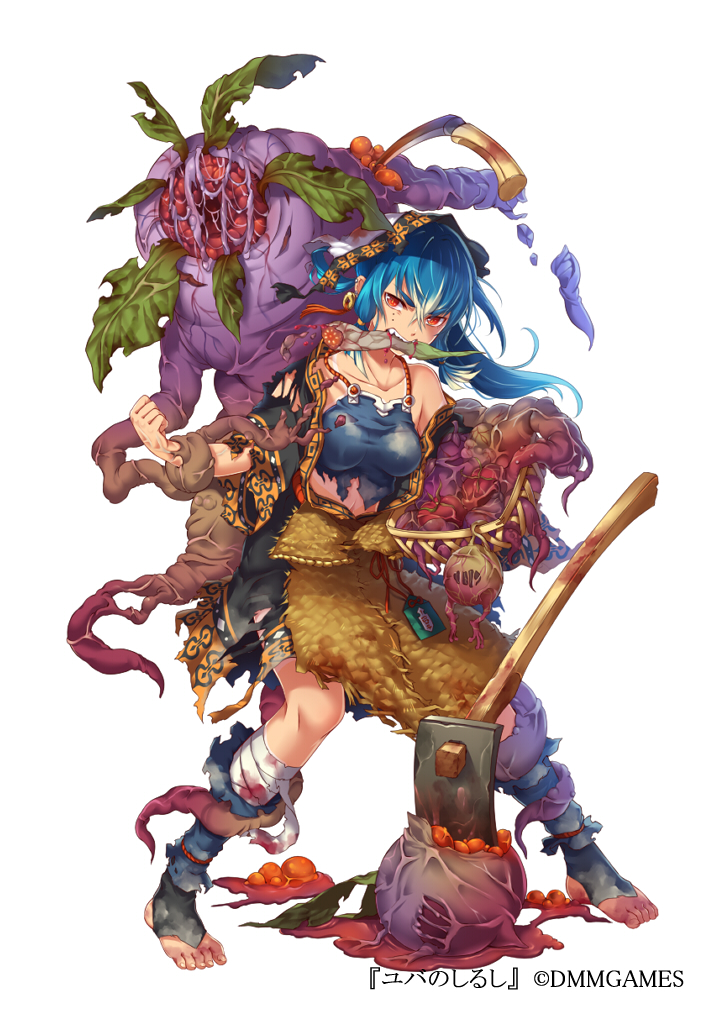 angry bandaged_leg bandages blue_hair clenched_hand collarbone dmm earrings full_body hoe jewelry mandrake mataichi_mataro mouth_hold official_art plant red_eyes root simple_background standing standning white_background yuba_no_shirushi