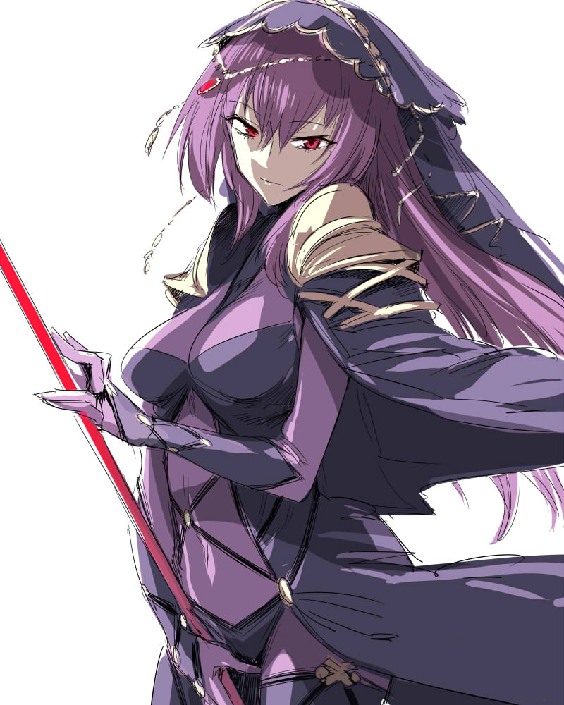bare_shoulders bodysuit breasts fate/grand_order fate_(series) holding holding_weapon ikuhana_niiro long_hair looking_at_viewer medium_breasts pauldrons polearm purple_hair red_eyes scathach_(fate)_(all) scathach_(fate/grand_order) simple_background solo spear standing veil very_long_hair weapon white_background