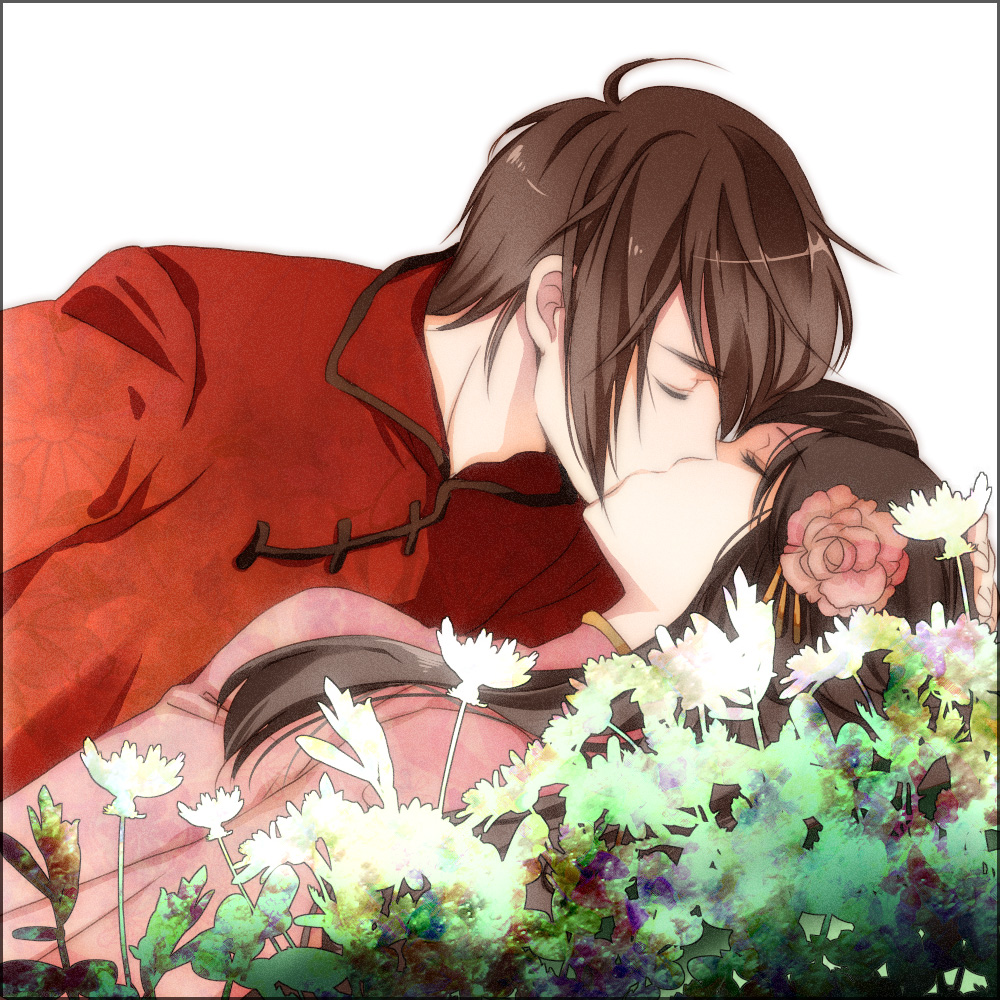 1girl axis_powers_hetalia bad_id bad_pixiv_id brown_hair chinese_clothes closed_eyes couple flower hair_flower hair_ornament hetero hong_kong_(hetalia) kiss long_hair short_hair suzushiro taiwan_(hetalia)