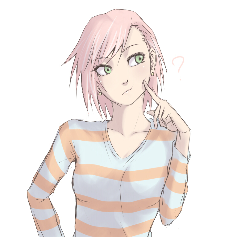 ? alternate_costume alternate_hairstyle bad_id bad_pixiv_id casual cheek_poking contemporary earrings face free-da green_eyes haruno_sakura head_tilt jewelry looking_away naruto naruto_(series) pink_hair poking short_hair simple_background solo striped