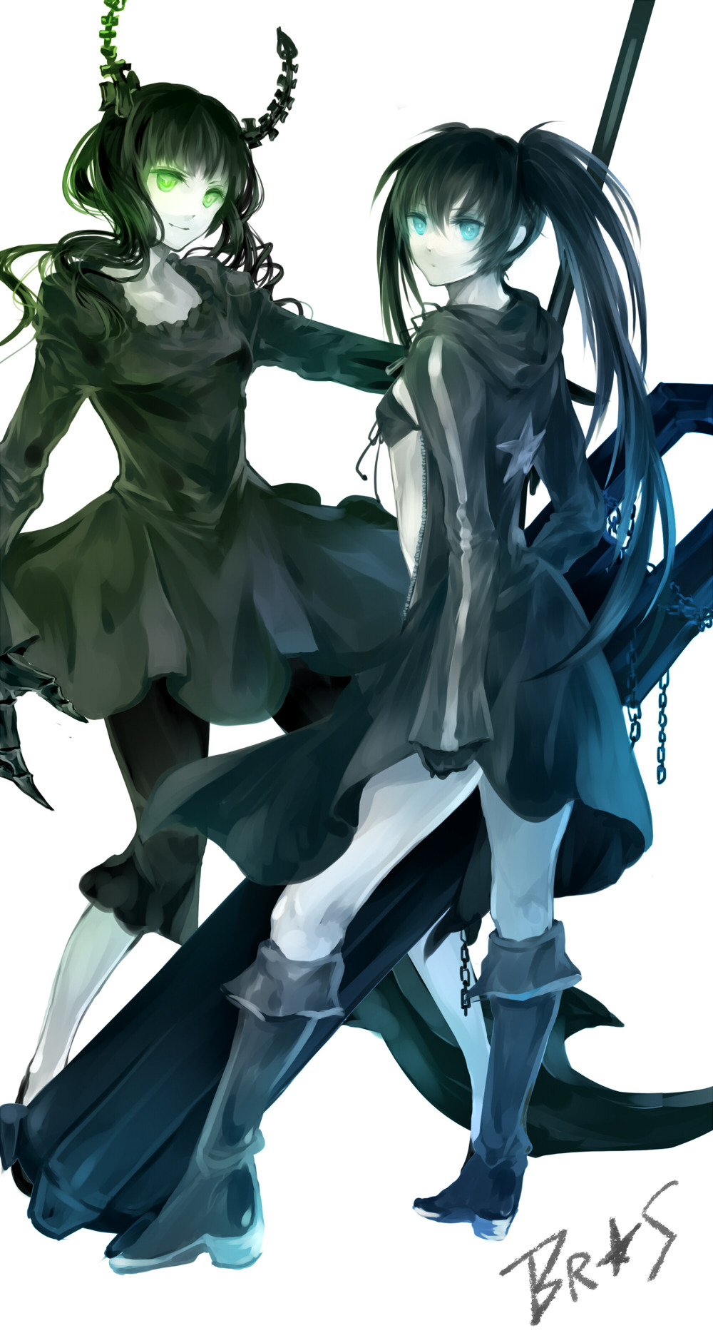 arm_cannon bad_id bad_pixiv_id bikini_top black_dress black_hair black_rock_shooter black_rock_shooter_(character) blue_eyes boots dead_master dress flat_chest glowing glowing_eyes green_eyes highres horns long_hair multiple_girls pale_skin scythe senano-yu simple_background smile twintails weapon