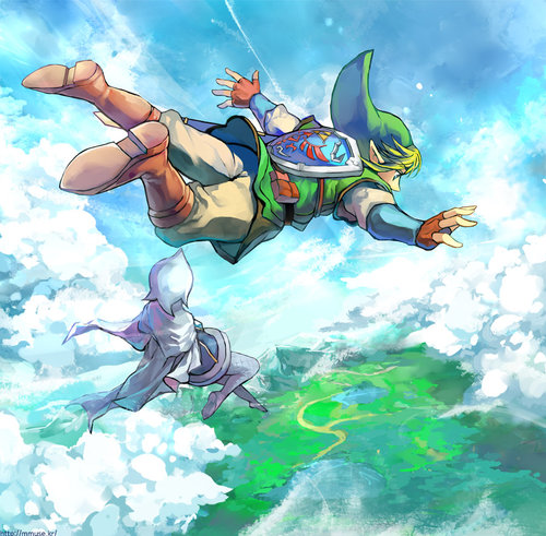 1girl blonde_hair blue_eyes cape cloud day falling fingerless_gloves gloves hat link lowres muse_(rainforest) nintendo pointy_ears shield sky the_legend_of_zelda the_legend_of_zelda:_skyward_sword