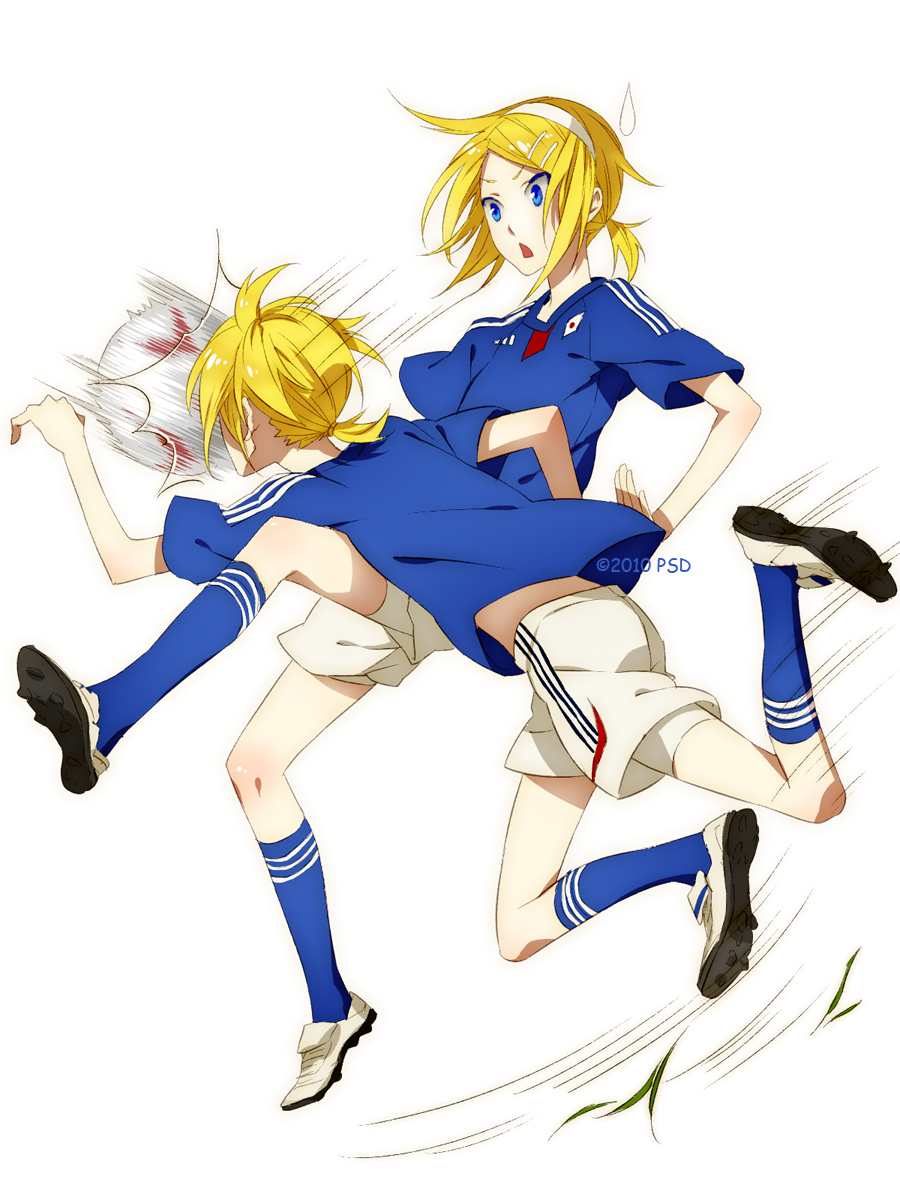 1girl bad_id bad_pixiv_id ball blonde_hair blue_eyes brother_and_sister cleats hair_ornament hairband hairclip highres japan kagamine_len kagamine_rin mitre_revolve playing_sports psd short_hair shorts siblings simple_background soccer soccer_ball socks sport sweatdrop twins vocaloid