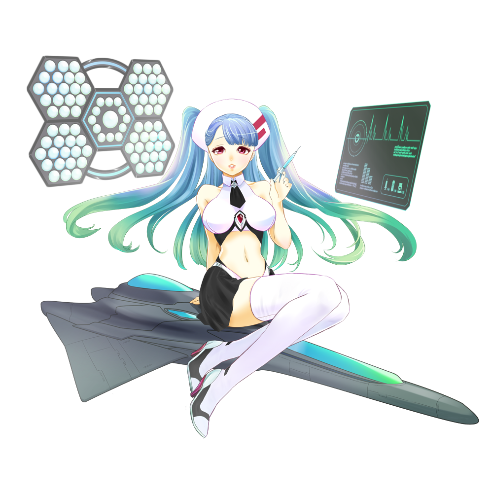 arm_support asymmetrical_bangs bangs black_skirt boots breasts commentary_request crossed_legs full_body gradient_hair gradient_hat hair_spread_out half-closed_eyes hand_up hat high_heels highleg holding holographic_interface knee_boots kneehighs large_breasts light_blue_hair light_green_hair long_hair miniskirt multicolored_hair narrow_waist nurse nurse_cap original parted_lips red_eyes sakinosuke science_fiction simple_background sitting skirt solo thighhighs very_long_hair white_background white_legwear yokozuwari zettai_ryouiki